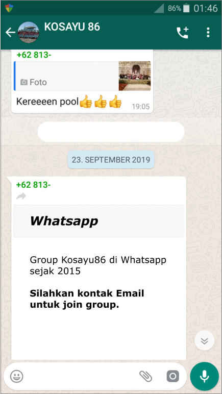 Whatsapp Group Kosayu86 di Whatsapp sejak 2015   Silahkan kontak Email untuk join group.